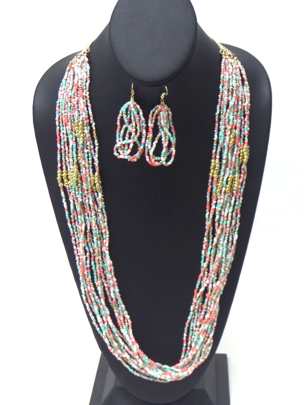 Multi seed bead mix chain long necklace earring set