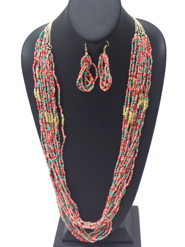 Multi seed bead mix chain long necklace earring set