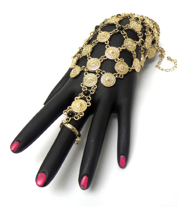 Crystal center multi disk link chain net bracelet and ring set