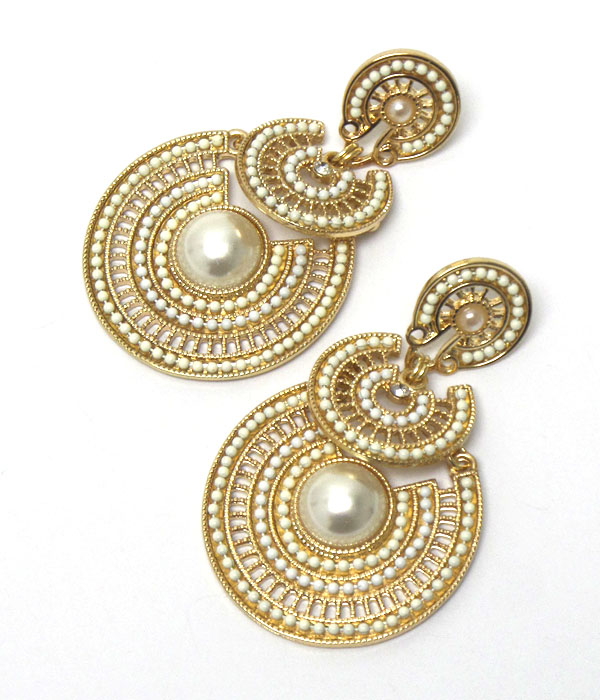 Pearl center and multi seed bead on metal filigree double disk drop earring