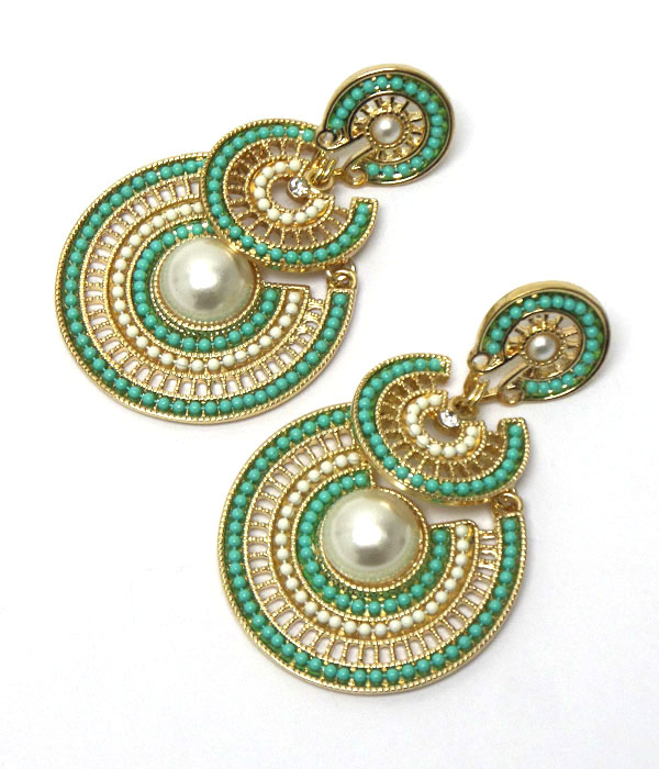 Pearl center and multi seed bead on metal filigree double disk drop earring