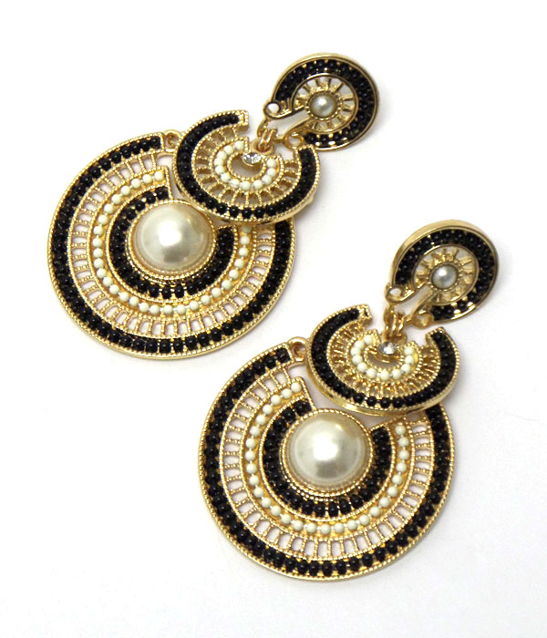 Pearl center and multi seed bead on metal filigree double disk drop earring