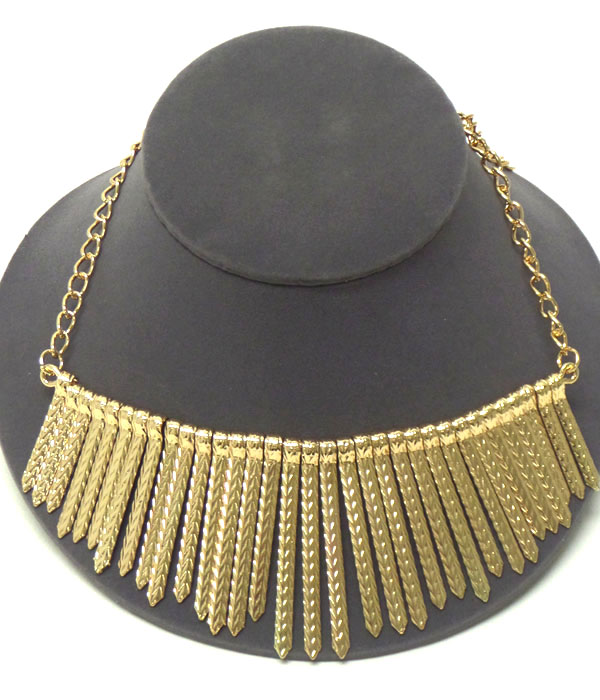 Aztec style multi textured metal bar drop necklace -western