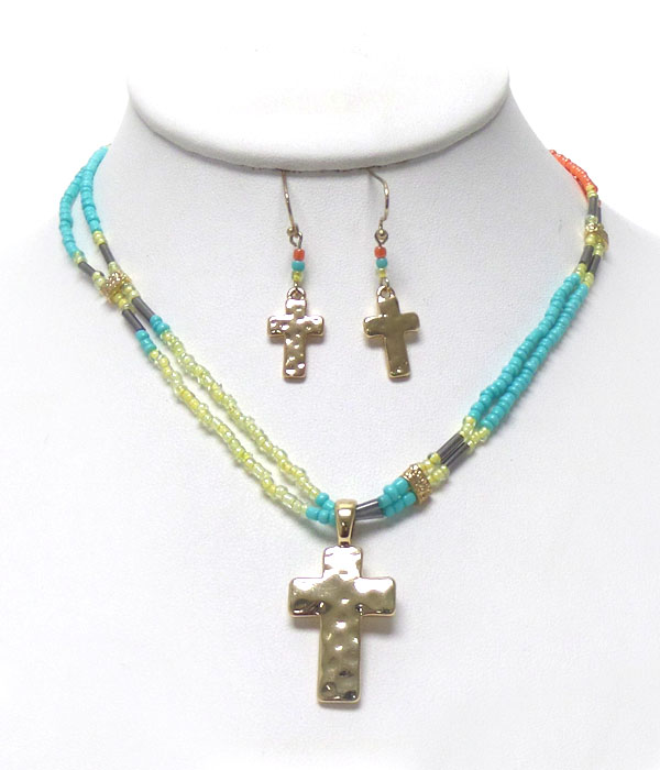 Hammered cross and double seed beads chain necklace earring set