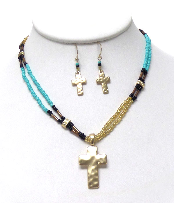 Hammered cross and double seed beads chain necklace earring set