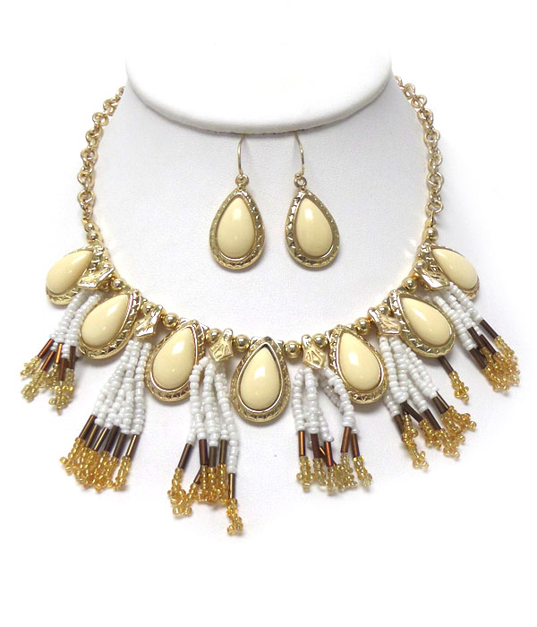 TEARDROP STONE AND SEED BEADS TASSEL MIX NECKLACE EARRING SET