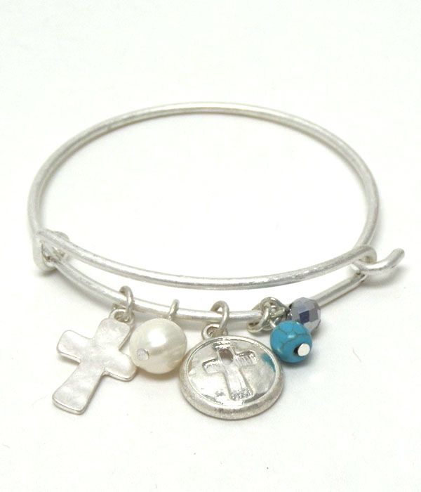 Hammered disk and cross pearl multi charm wire bangle bracelet