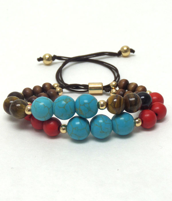 Turquoise tigereye coral adjustable bracelet