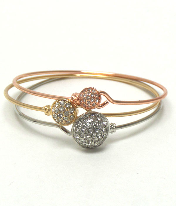 Crystal stud round disk three row bangle