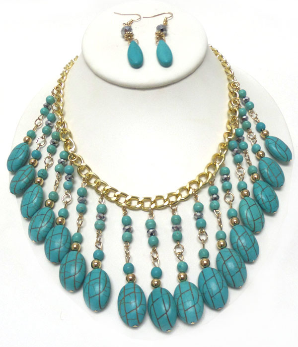 Turquoise stone drop necklace earring set