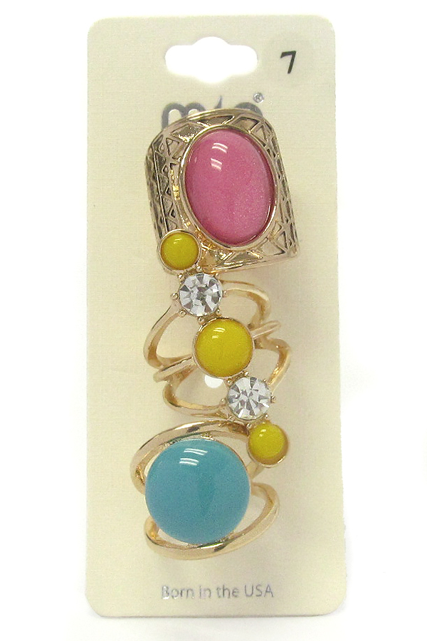 CRYSTAL AND PUFFY STONE MIX 3 PAIR RING SET