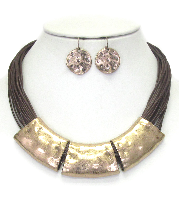 Hammered chunky metal and multi leather chain necklace set