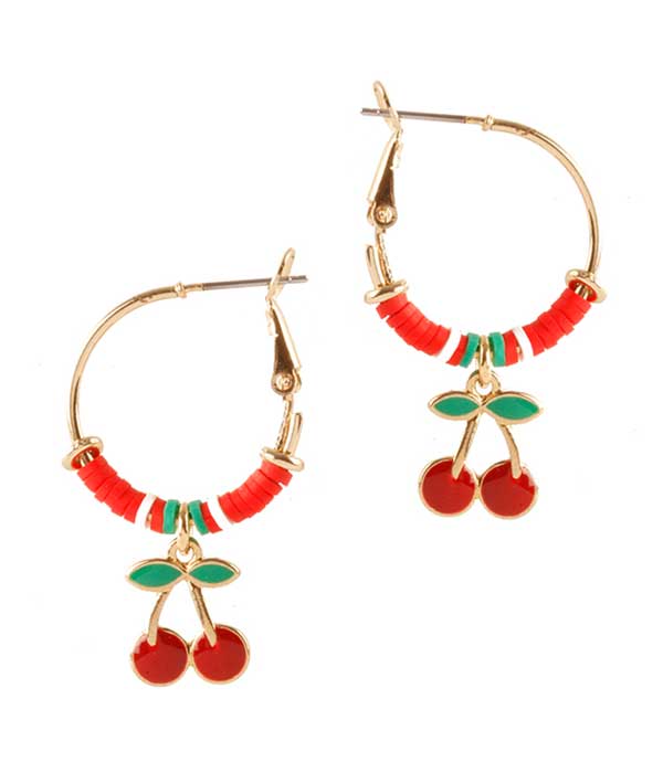 Tropical theme charm dangle mini hoop earring - cherry