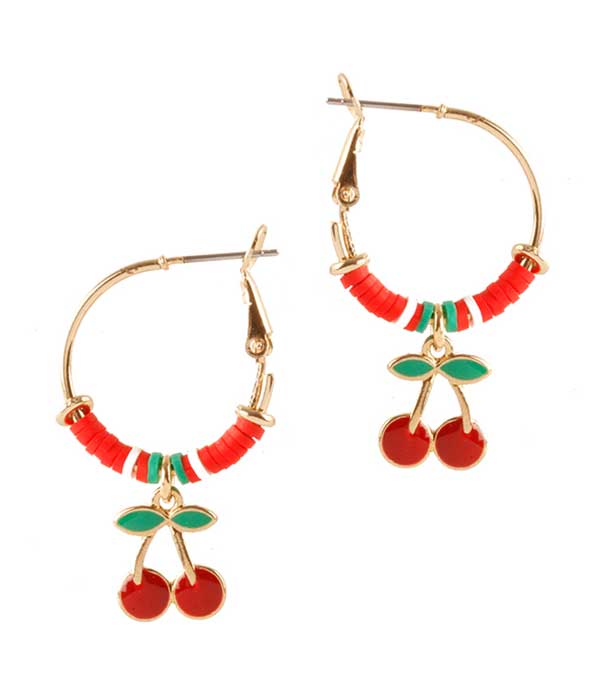 TROPICAL THEME CHARM DANGLE MINI HOOP EARRING - CHERRY