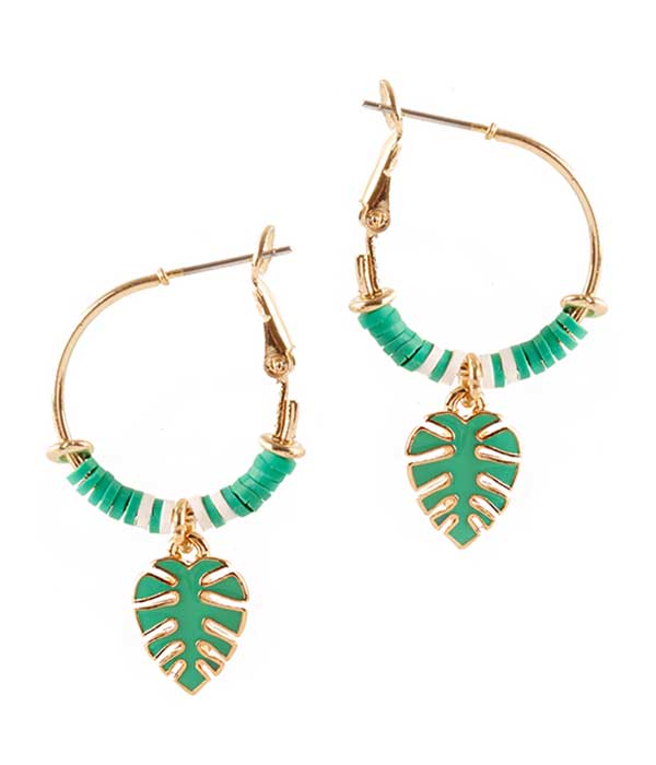 TROPICAL THEME CHARM DANGLE MINI HOOP EARRING - MONSTERA LEAF