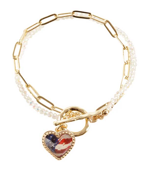 PATRIOTIC AMERICAN FLAG CHARM TOGGLE BRACELET - HEART