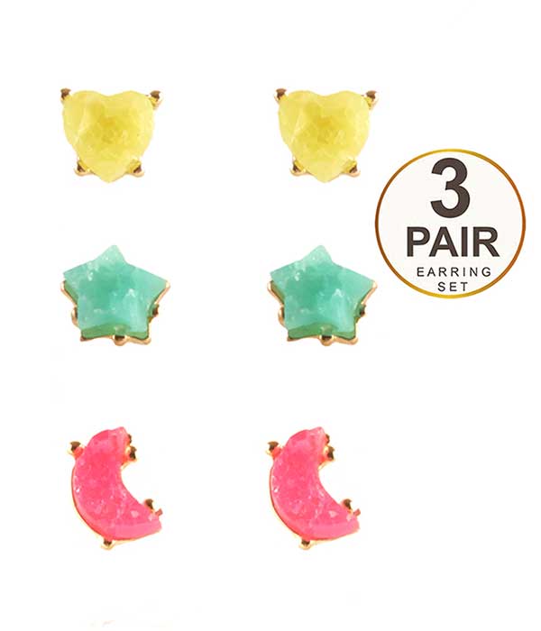 Druzy 3 pair earring set - moon star
