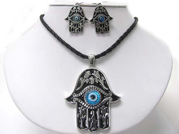 Evel eye and guardian palm pendant necklace earring set