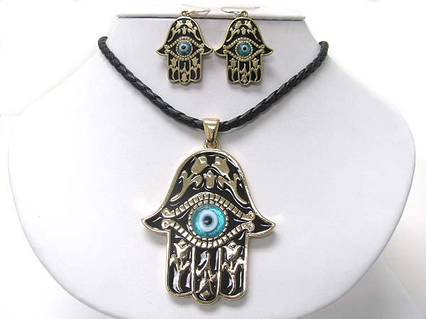 Evel eye and guardian palm pendant necklace earring set