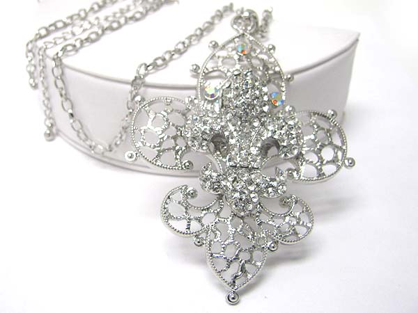 Crystal stud metal double layer fleur de lis pendant long necklace