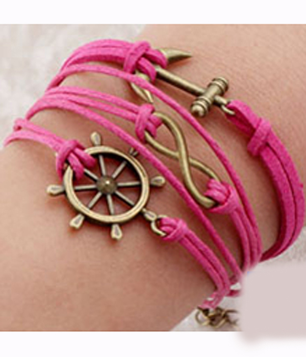Multi row leatherette wrap bracelet - anchor