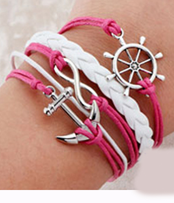 Multi row leatherette wrap bracelet - anchor
