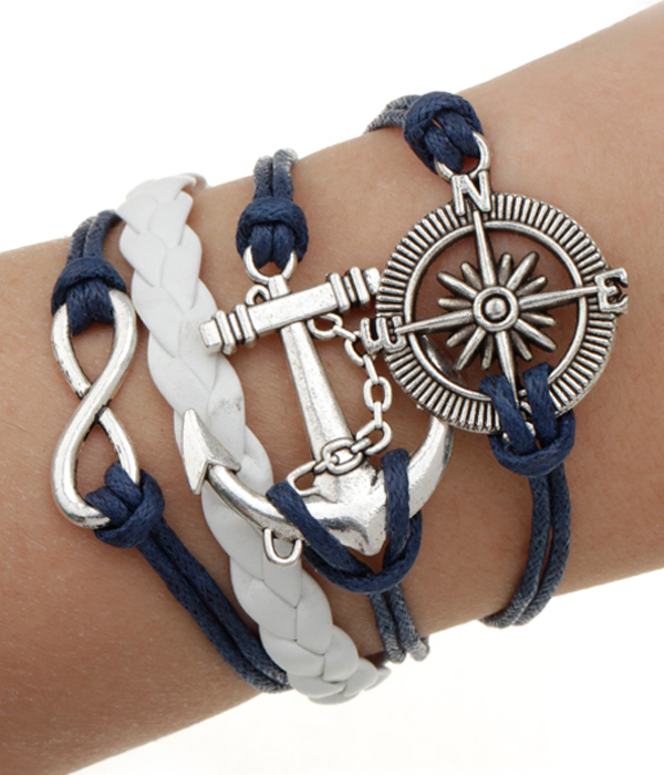 Multi row leatherette wrap bracelet - anchor