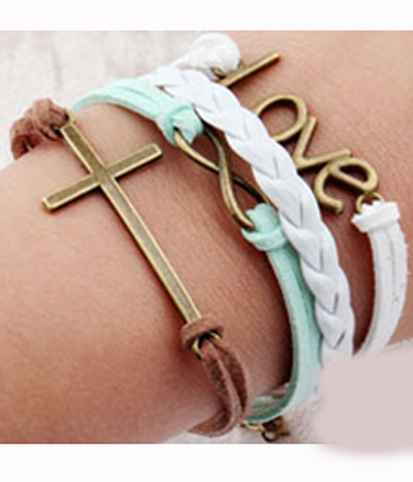 Multi row leatherette wrap bracelet - cross love