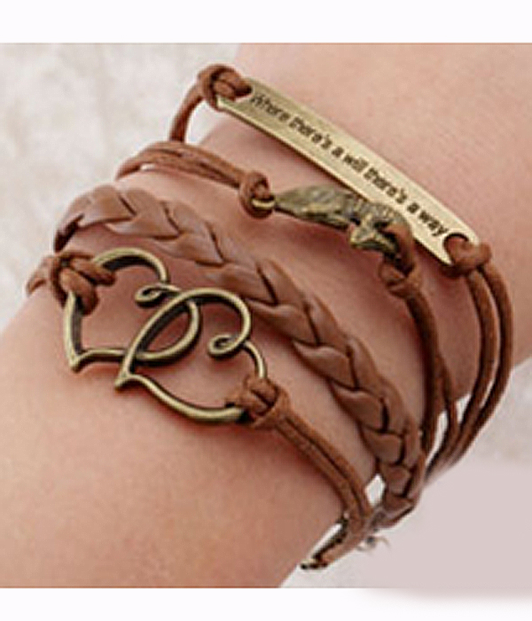 Multi row leatherette wrap bracelet - double heart