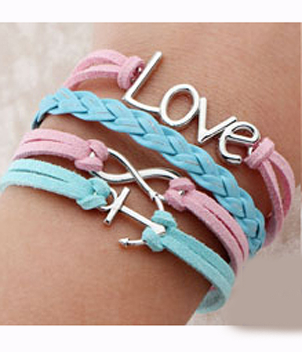 Multi row leatherette wrap bracelet - anchor
