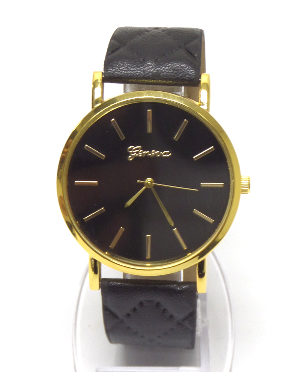 Thin metal face quilted leatherette band watch 
