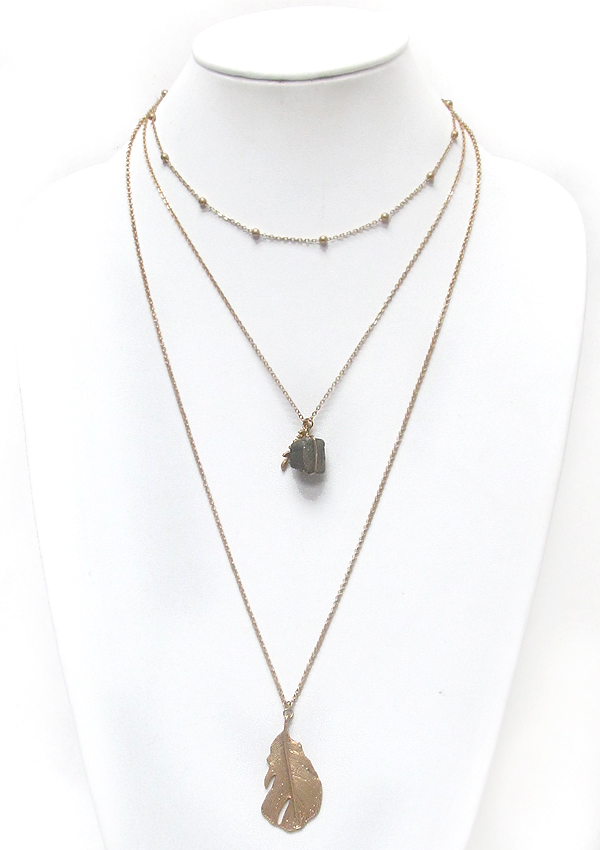 Natural stone and feather 3 layer necklace