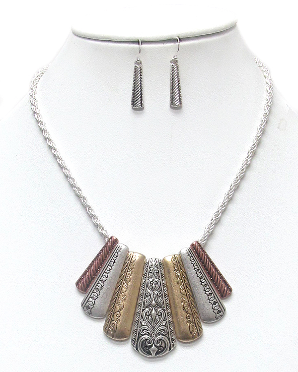 Tribal style metal engrave drop necklace set