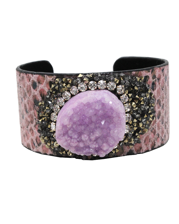 Druzy and multi crystal faux leather wide bangle bracelet