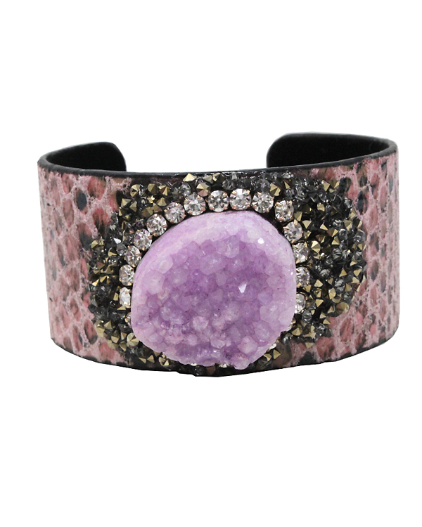 DRUZY AND MULTI CRYSTAL FAUX LEATHER WIDE BANGLE BRACELET