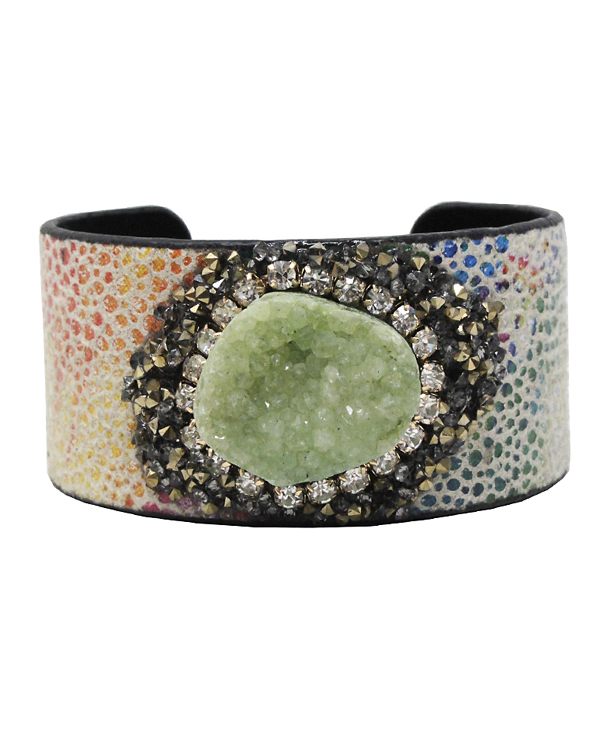 Druzy and multi crystal faux leather wide bangle bracelet
