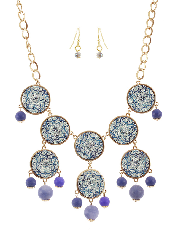 Moroccan print multi wood disc bubble necklace set