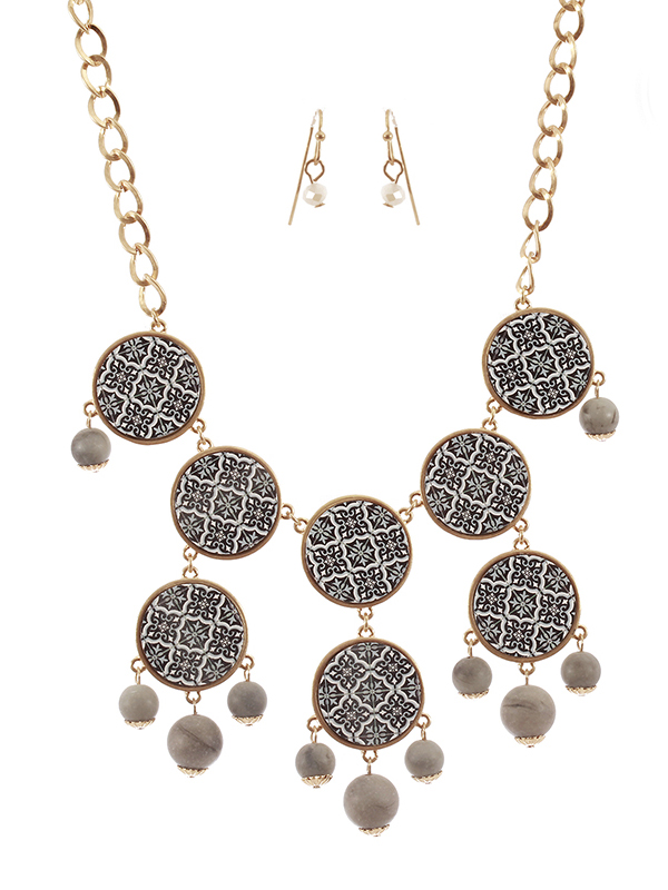 MOROCCAN PRINT MULTI WOOD DISC BUBBLE NECKLACE SET