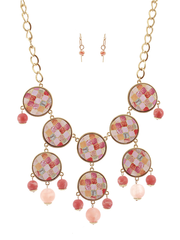 Moroccan print multi wood disc bubble necklace set