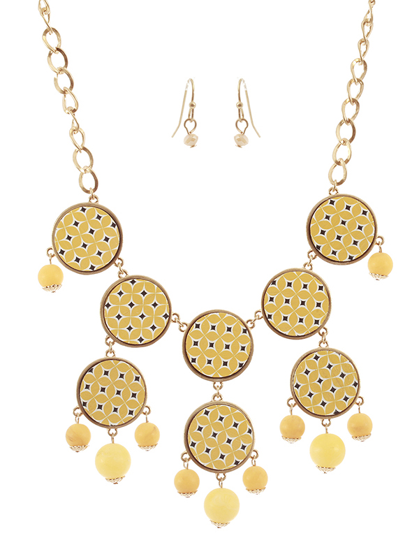 MOROCCAN PRINT MULTI WOOD DISC BUBBLE NECKLACE SET