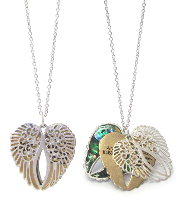 RELIGIOUS INSPIRATION MESSAGE AND ABALONE AND FILIGREE TRIPLE ANGEL WING PENDANT NECKLACE - ANGEL BLESSING