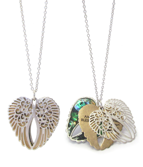 Religious inspiration message and abalone and filigree triple angel wing pendant necklace - angel blessing