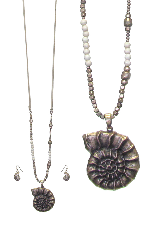 SEA SHELL PENDANT AND MIX BEAD LONG NECKLACE SET