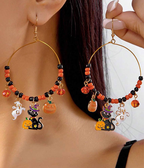Halloween theme multi charm dangle hoop earring - cat ghost pumpkin