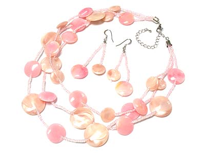 Triple layer resin disk and seed beads necklace and earring set