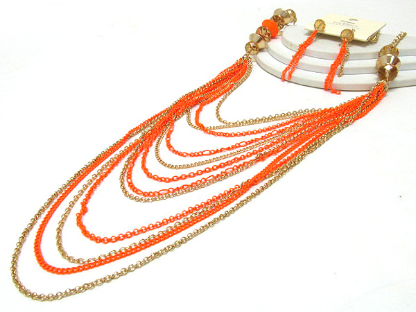 Multi ring metal and crystal glass drop long colorful fashion multi chain necklace earring set