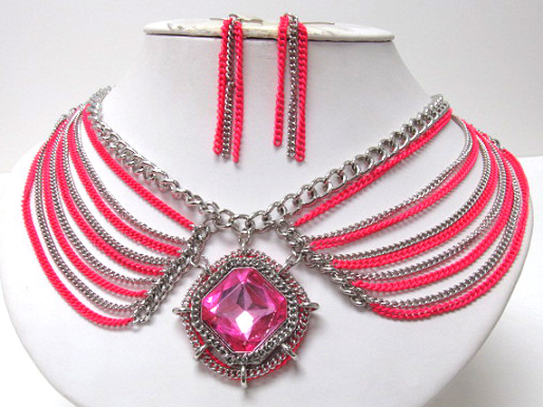 Metal square glass multi fashion colorful chain necklace earring set 