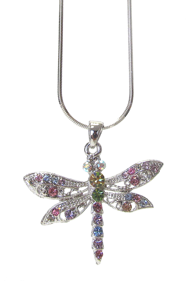 WHITEGOLD PLATING CRYSTAL DRAGONFLY PENDANT NECKLACE