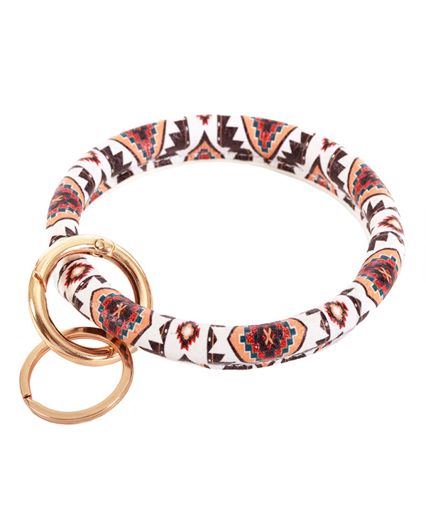 KEYRING LEATHERETTE BANGLE BRACELET WITH KEY CHAIN - AZTEC -western