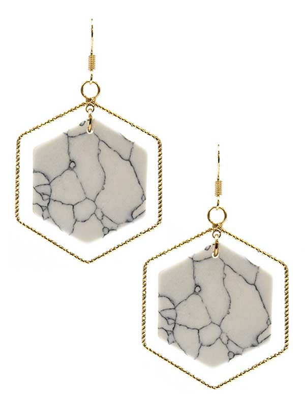 SEMI PRECIOUS STONE DANGLE AND WIRE HEXAGON HOOP EARRING